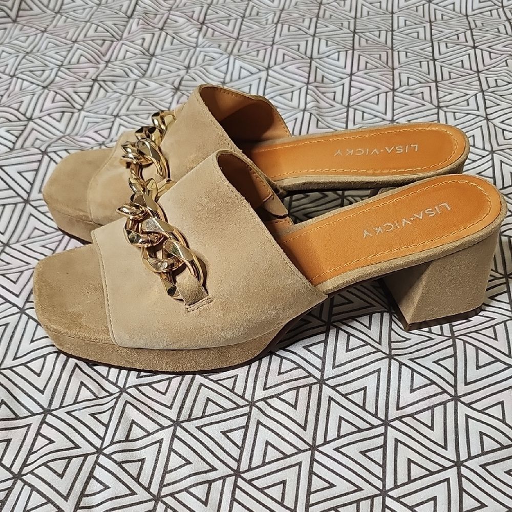 Lisa Vicky 6 Platform Slide Tan‎ Suede Block Heel Mules Sandal Chunky Gold Chain